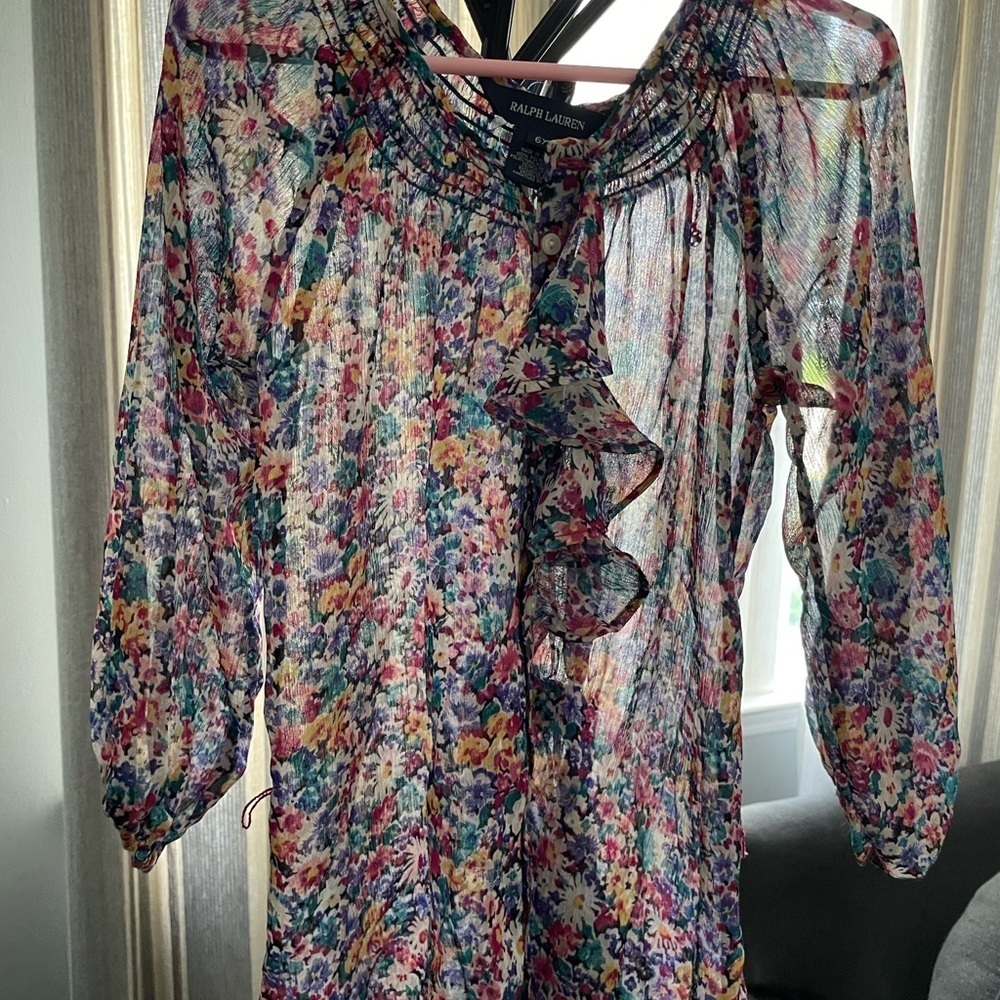 Gorgeous and frilly Ralph Lauren sheer floral dress with tie
